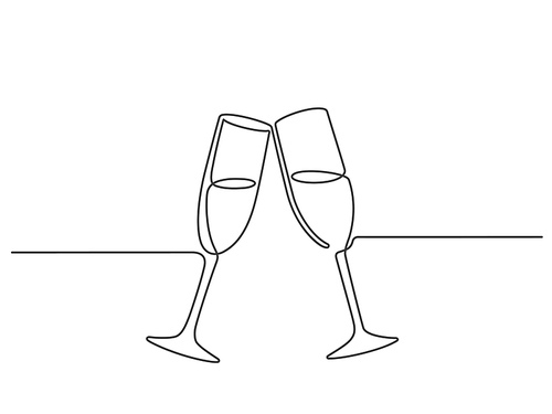 One line champagne toast. Continuous linear couple wine glasses clink. Wedding party cheers. Minimalist new year celebration vector concept. Illustration celebration champagne, party clink