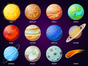 Cartoon solar system planets. Astronomical observatory small planet pluto, venus mercury neptune uranus meteor crater and star universe astronaut sign. Astronomy galaxy space vector isolated icons set