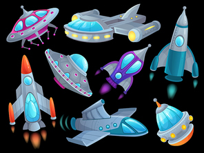 Cartoon spaceship. Futuristic space rocket vehicles, alien flight spacecraft ship ufo and aerospace rocketship. Spaceships shuttle vehicle, aliens ships or rocketship isolated vector set