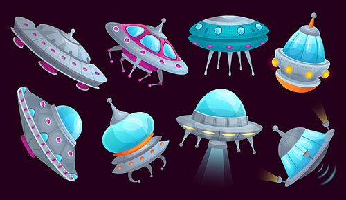 Cartoon ufo spaceship. Alien spacecraft futuristic vehicle, space invaders ship and flying saucer. Martian aliens ships or ufo invader skies attack. Cosmic isolated icons vector set
