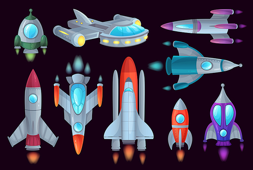 Cartoon rockets. Space rocketship, aerospace rocket and spacecraft ship. Spaceship shuttle for game, futuristic rockets astronomy technology. Isolated vector illustration icons set