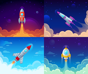 Rocket launch. Space travel, galaxy rocketship and business plan success start. Rocketship booster flight technology, galaxy cosmos spaceship vector cartoon concept illustration