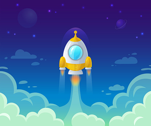 Rocket launch on space. Business start up idea. Spaceship flying in sky, Cosmos exploration and galaxy traveling. Cartoon space shuttle lifting off. New project or product vector illustration