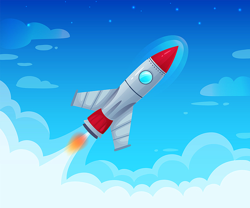 Flying spaceship with flame. Launching new business project or startup idea. Fast speed rocket flight in sky with clouds, futuristic exploration and technology progress vector illustration