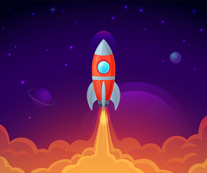 Launching spacecraft ship. Flying shuttle with flame or fire. Futuristic rocket in cosmos with planets and stars. Startup project development, astronomy objects cartoon vector illustration