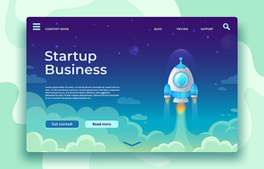 Startup launch landing page. Rocket launch, easy business start and futuristic space travel. Creative mobile app or website strategy idea development vector concept illustration