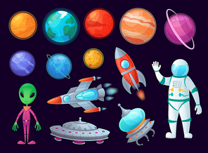 Space items. Alien ufo, universe planet and missile rockets. Planets game design. Fantastic world or fantasy sky astronomy kit. Cartoon graphics vector item isolated icons set