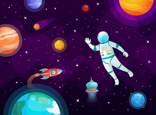 Cosmonaut in space. Astronaut spacecraft rocket in open space, universe planets and planetary. Solar system, globe and astronauts ship. Stars rockets travel cartoon vector background illustration