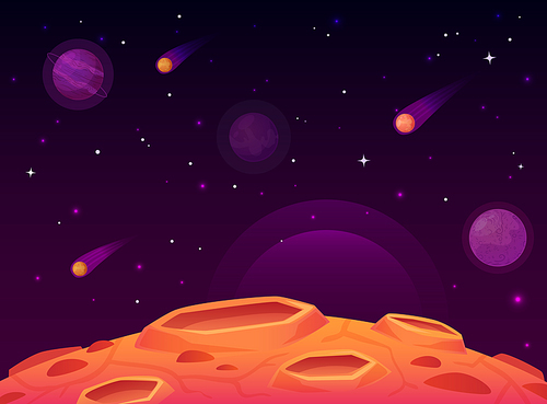 Space asteroid surface. Planet with craters surface, space planets landscape and comet crater. Futuristic atmosphere, meteorite rain horizon land, moon destruction cartoon vector illustration