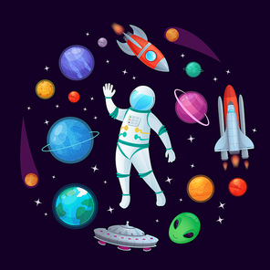 Cartoon astronaut in space. Spaceman rocket, stary ufo spaceship and planets. Astronautics space travel, cosmos walking or first man on moon. Outer spaced science vector illustration