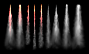 Rockets tracks. Space rocket launch smoke, plane jets track and aircraft smoke cloud. Aviation jet fly or spaceship sky air tracks steam. 3D realistic vector isolated sign set