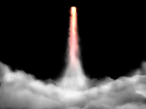 Space rocket takeoff track. Spaceship fly rockets launch smoke cloud. Rocket smoke blast fire steam or spaceship vapor burst. Isolated realistic vector illustration