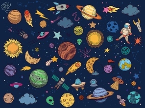 Color space doodle. Astrology planets, colorful space and hand drawn rocket vector illustration set. Cartoon style cosmic stickers pack. Celestial bodies, astronaut, spacecrafts, stars and UFO