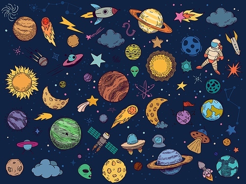 Color space doodle. Astrology planets, colorful space and hand drawn rocket vector illustration set. Cartoon style cosmic stickers pack. Celestial bodies, astronaut, spacecrafts, stars and UFO