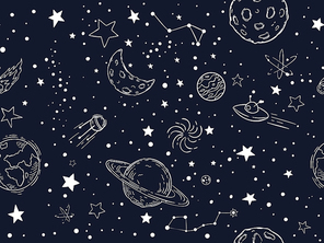 line seamless space pattern. Hand drawn planets, cosmic galaxy texture and doodle moon vector illustration. Universe exploration, cosmos symbols texture.