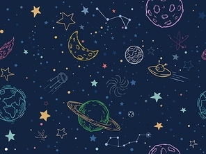 Color seamless space pattern. Hand drawn planets, cosmic galaxy texture and doodle moon vector illustration. Universe exploration, cosmos symbols texture. Colorful wallpaper, cosmic textile design