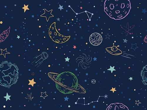 Color seamless space pattern. Hand drawn planets, cosmic galaxy texture and doodle moon vector illustration. Universe exploration, cosmos symbols texture. Colorful wallpaper, cosmic textile design