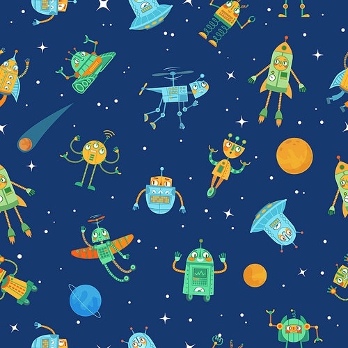 Seamless space robots pattern. Cute robot in space with stars and planets, colourful funny robots cartoon vector illustration. Seamless cosmos with android and robot, universe with machine