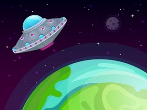 UFO vector concept. Spaceship travel, sci-fi in night sky, futuristic universe transport, unknown extraterrestrial shuttle, vector illustration