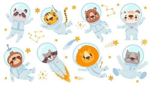 Animals astronauts. Space team cute animal in space suits, starry universe with cosmonauts for childrens  flyer vector characters set. Panda and tiger, bear and dog, sloth and raccoon lion, cat