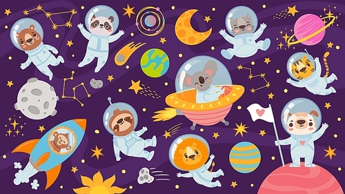 animals in open space. cute animal astronauts in space suits, flying in rocket. characters exploring universe galaxy with planets, stars, spaceship for children  cartoon vector .