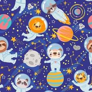 Animals in space. Seamless pattern space team cute animals, astronauts in space suits, starry universe wallpaper kids  vector texture. Lion and raccoon, dog and cat among planets