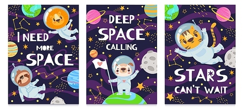 Animal in space. Hand drawn cute funny animals in space suit, futuristic poster with lettering, childrens  cartoon vector backgrounds. Raccoon, dog, tiger and lion, deep space calling
