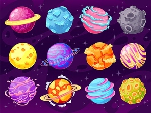 Fantasy planets. Colorful cosmic planet objects for game design fantastic galaxy world, astronomy space universe cartoon vector set. Illustration cosmic space, collection cartoon planets