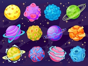 Fantasy cartoon planets. Multicolor cosmic planet objects for game design, fantastic galaxy world space universe ui vector isolated set.