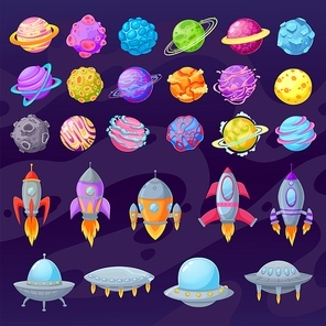Cartoon planets and spaceships. Alien cartoon ufo and spaceships. UFO unidentified flying object. Fantastic rockets, galaxy elements set for childish cosmic game vector illustration.