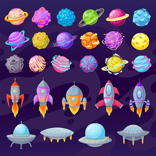 Cartoon planets and spaceships. Alien cartoon ufo and spaceships. UFO unidentified flying object. Fantastic rockets, galaxy elements set for childish cosmic game vector illustration.