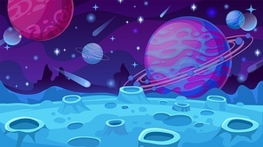 Fantasy planet surface. Extraterrestrial landscape with craters, comets and rocks, futuristic animation galaxy world for game vector concept. Dark space, falling meteors in night sky
