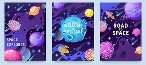 Fantasy planets kids posters. Multicolor cosmic objects, space galaxy world design for flyer, magazine, poster or book cover vector set. Welcome to outer space, exploration on rocket or spaceship