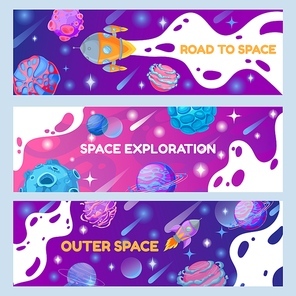 Space banners. Flying spaceship or rocket among planets and comets. Color horizontal posters templates with space objects and planet for presentation invitation cards, cover brochure vector set.