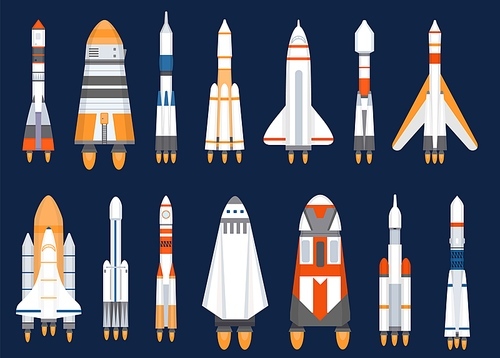 Space rockets. Flat spaceship shuttles launched for cosmic explore mission. Futuristic galaxy technology, spacecraft ship vector set. Illustration rocket spacecraft, cosmic shuttle and spaceship