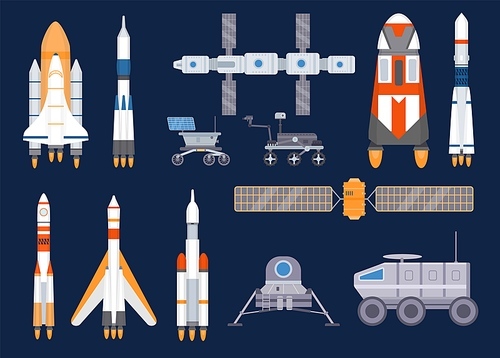 Spacecraft technology. Satellites, rockets, space station, ships, shuttles, moon and mars rovers. Universe exploring equipment vector set. Illustration rocket and ship moonwalker