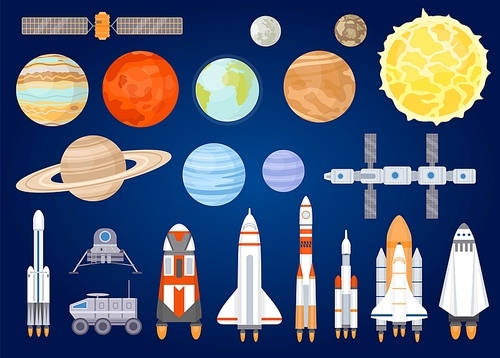 Space elements. Solar system planets, sun, spaceship, rocket, satellites, mars and moon rover. Universe exploring. Cartoon cosmic vector set. Illustration rocket and satellite, spaceship and planets