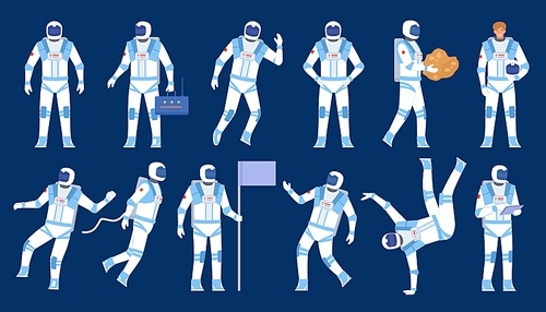 Astronaut poses. Spaceman dancer, stand with flag, float in space. Flat character in cosmonaut suit and helmet. Cosmic explorers vector set. Illustration astronaut and spaceman, cosmonaut characters