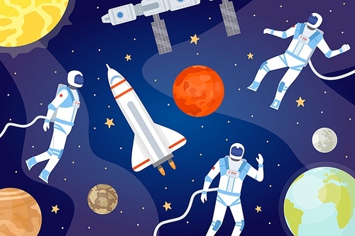 Cosmic background with astronauts. Outer space with spaceship, planets, stars and spaceman exploring cosmos. Cartoon universe vector banner. Spaceman in universe, planet and astronaut illustration