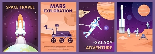 Space exploring poster. Galaxy landscape with rocket, planets and astronaut. Mars rover on planet surface. Cosmic science banner vector set. Illustration poster of planet, galaxy and exploration mars