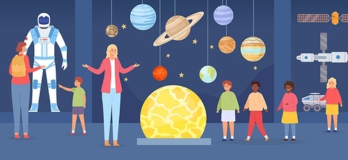 Planetarium excursion. Adults and kids characters in astronomy gallery. School trip to space museum. Flat cosmos exhibition vector concept. Illustration planetarium astronomy, planet and solar system