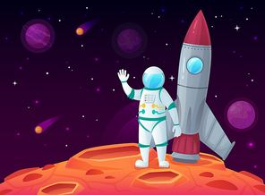 Astronaut in lunar surface. Rocket spaceship, space planet and outerspace travel spacecraft. Cosmos galaxy scientific astronomy character walking, spaceman with shuttle vector cartoon illustration