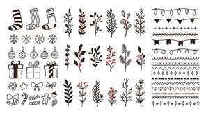 Hand drawn ornamental winter elements. Doodle christmas snowflake, floral branches and decorative borders. Gift boxes, ornament deco borders and Xmas tree leaves. Isolated vector symbols set