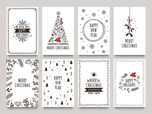 Hand drawn winter holidays cards. Merry Christmas card with floral ornaments, New Year tree and snowflakes frame. 2020 Xmas greeting or invitation inspire quote cards. Isolated vector icons set