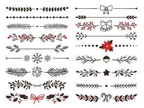 Hand drawn ornamental winter dividers. Snowflakes borders, Christmas holiday decor and floral ornate dividers. Ornamental  or Xmas card floral frames separators. Isolated vector symbols set