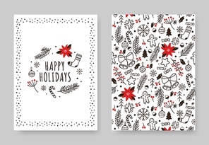 Hand drawn winter holidays card. Xmas decoration drawing vintage poster banner on invitation cards with pattern and xmas elements illustration