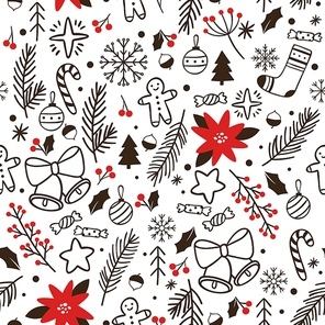 Hand drawn winter seamless pattern. Vector sketch wrapping for xmas greeting, backdrop and wallpaper with snowflake ball and tree illustration