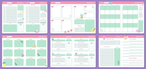 Funny planner templates. Daily, weekly, monthly and yearly planners pages. Goal planner and to do list, notebook with month calendar or 2020 memo planner. Isolated vector icons set