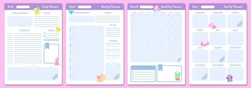 Cute planner templates. Daily, weekly, monthly and yearly planners. Schedule page journal, stationery calendar monthly, organizer diary. Vector illustration