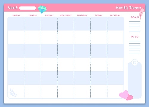 Monthly planner template. Printable organizer and schedule with notes and week days. Goals and to do section. Calendar for studying at school or university or work with diamond vector illustration.